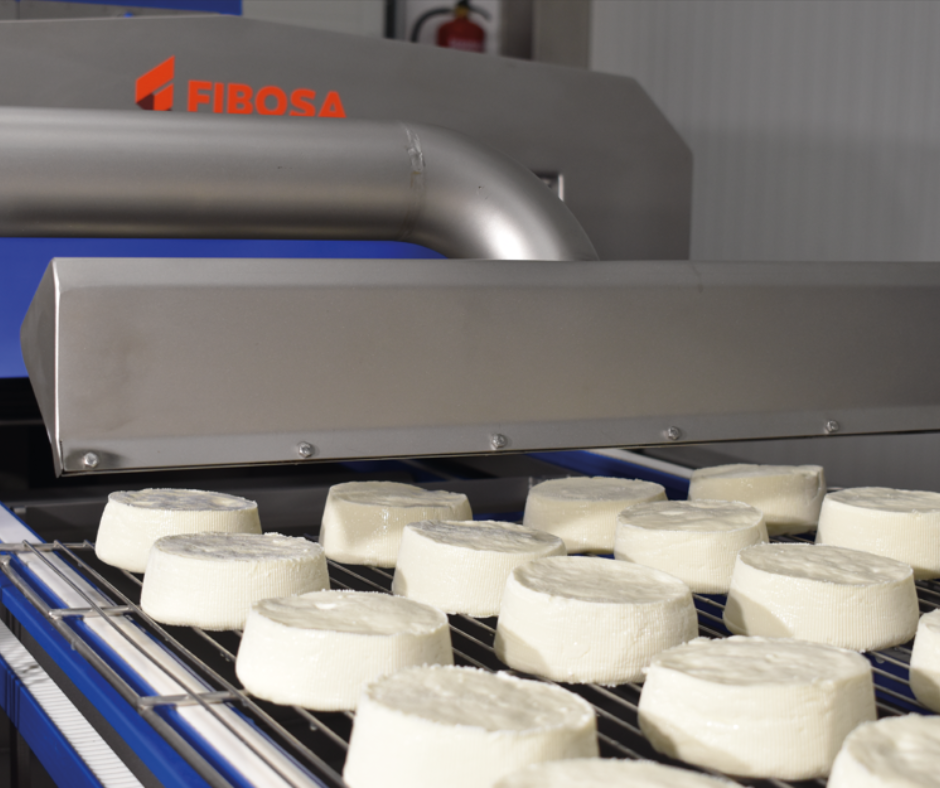 Quesos frescos colocados en una línea de producción automática de Fibosa